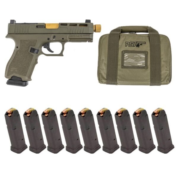 PSA Dagger Compact 9mm SW2 Doctor Cut Pistol With 2XL Sights, Gold Threaded Barrel, & (10) 15rd Magazines, Sniper Green