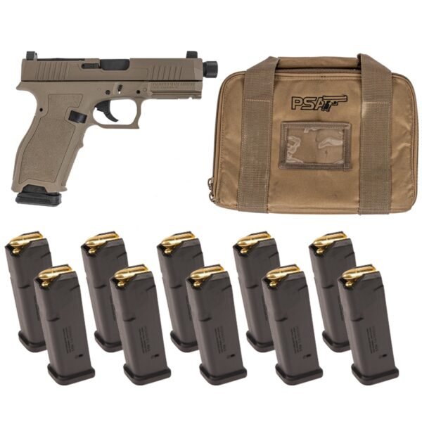 PSA Dagger Full Size - S 9mm ECC RMR Threaded Barrel Pistol With 10 17rd Magazines & Pistol Case, Flat Dark Earth