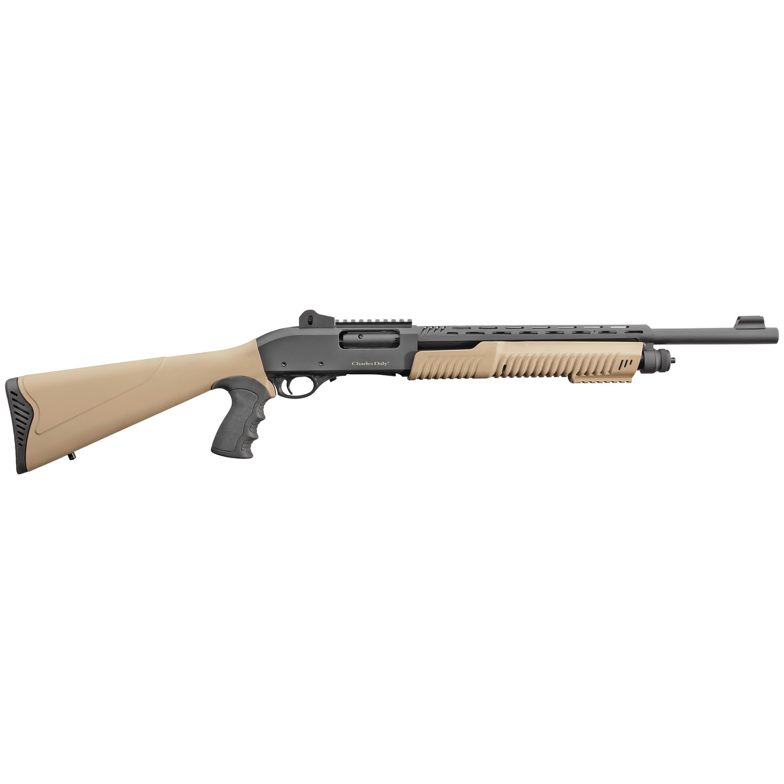 Charles Daly 301 12 Gauge Pump Action Shotgun, 18.5" Barrel, Black, FDE - 930.279