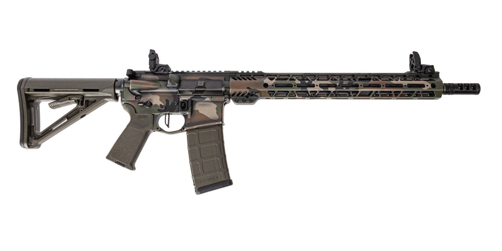 PSA Custom 5.56 16" Rifle W/ PSA Custom Flatbow FCG, Magpul Mbus sights, Woodland Camo Green