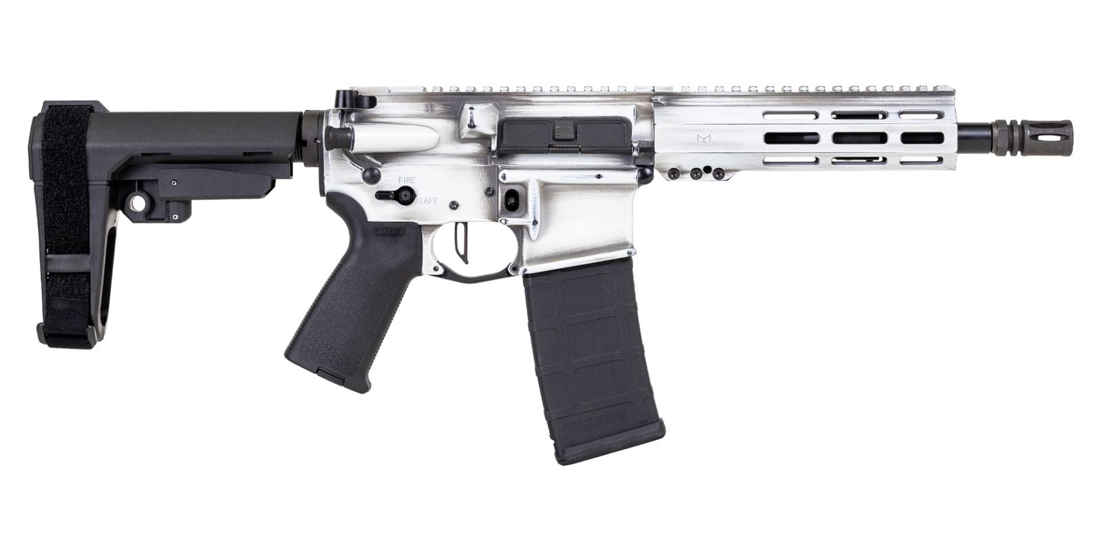 PSA Custom 8.5" 5.56 NATO 1/7 Nitride Pistol W/ PSA Custom Flatbow FCG, White & Grey Battleworn