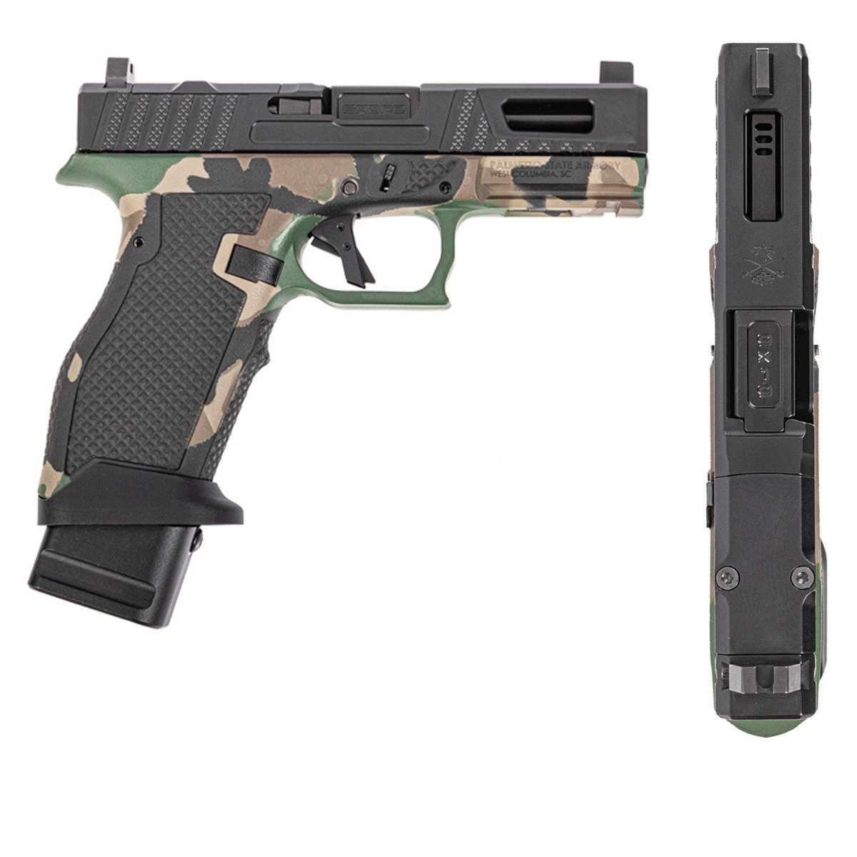 PSA Sabre Dagger Full Size - S 9mm Pistol, Ported Barrel, W/Mag Extensions, M81 Woodland Camo