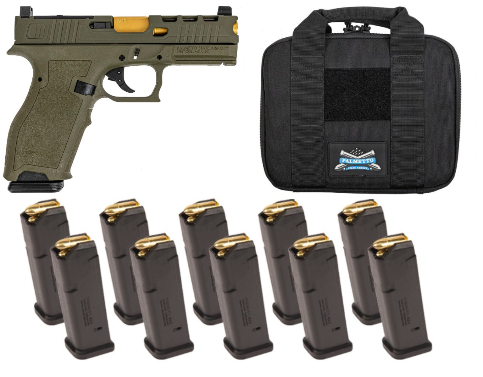 PSA Dagger Full Size - S 9mm Pistol With SWR RMR Slide W/Gold Barrel, Sniper Green With 10-17rd PMAGS & PSA Pistol Bag